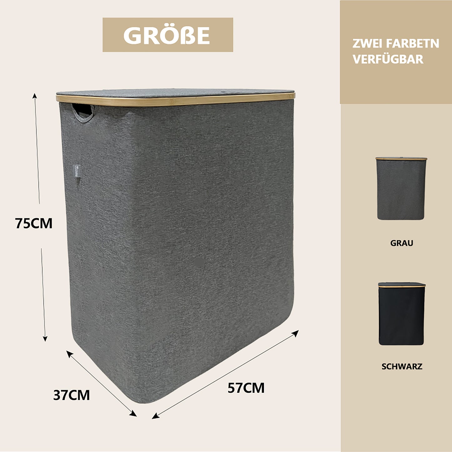 WAOHO Wäschekorb Faltbarer Wäschekorb mit Deckel, 3 Fächer, Wäschesack herausnehmbar, Zusammenklappbar 57X37X75 160L(Grau)