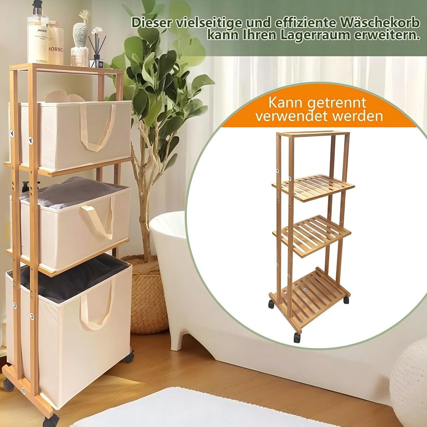 WAOHO Wäschekorb Wäschesammler aus Bambus Mit Rollen, mit 4 Ebenen, mit 3 abnehmbaren Aufbewahrungskörben 120x42x30cm