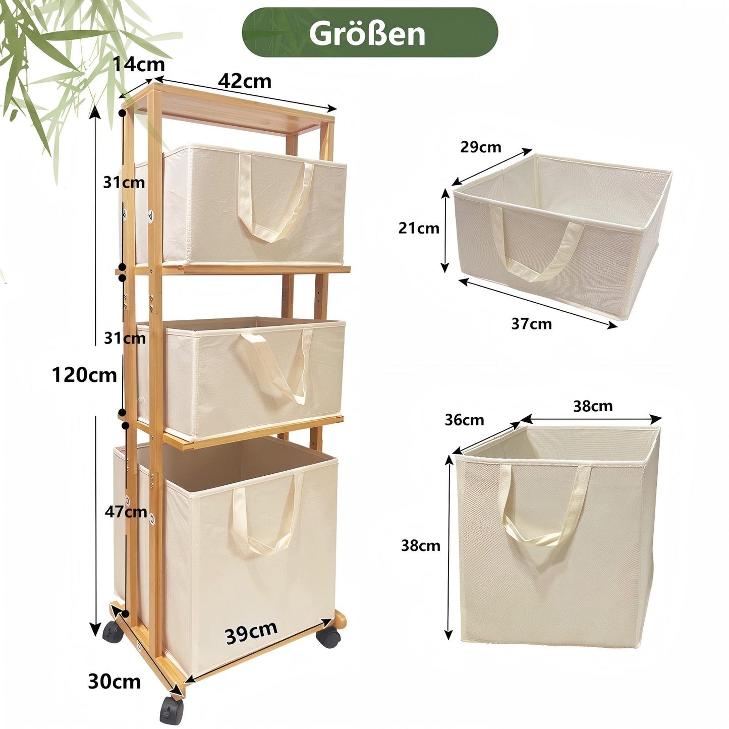 WAOHO Wäschekorb Wäschesammler aus Bambus Mit Rollen, mit 4 Ebenen, mit 3 abnehmbaren Aufbewahrungskörben 120x42x30cm