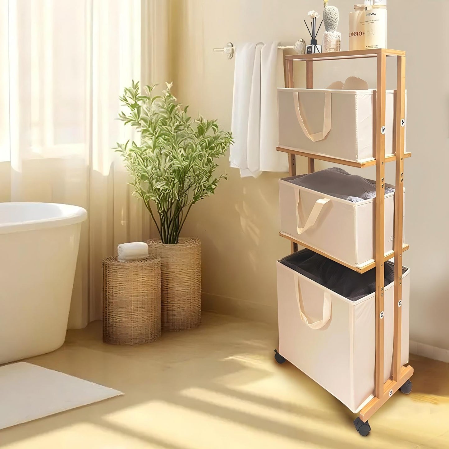 WAOHO Wäschekorb Wäschesammler aus Bambus Mit Rollen, mit 4 Ebenen, mit 3 abnehmbaren Aufbewahrungskörben 120x42x30cm