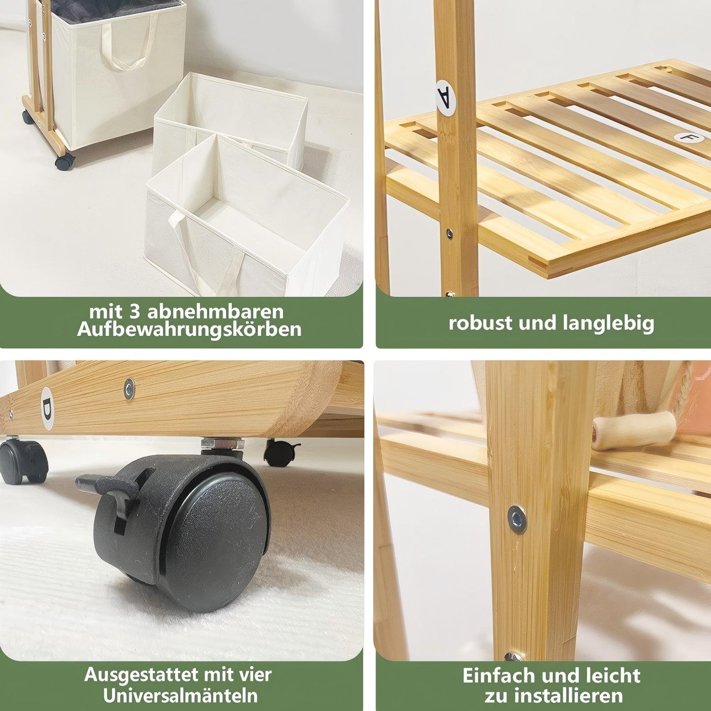WAOHO Wäschekorb Wäschesammler aus Bambus Mit Rollen, mit 4 Ebenen, mit 3 abnehmbaren Aufbewahrungskörben 120x42x30cm