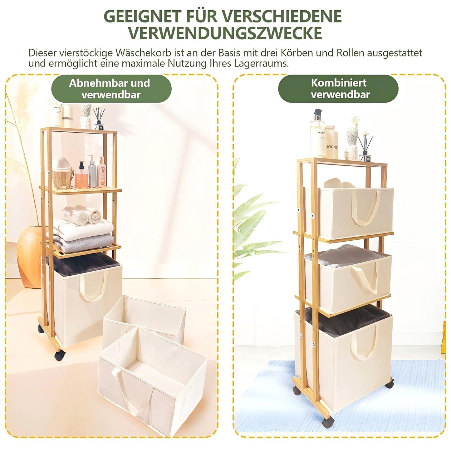 WAOHO Wäschekorb Wäschesammler aus Bambus Mit Rollen, mit 4 Ebenen, mit 3 abnehmbaren Aufbewahrungskörben 120x42x30cm