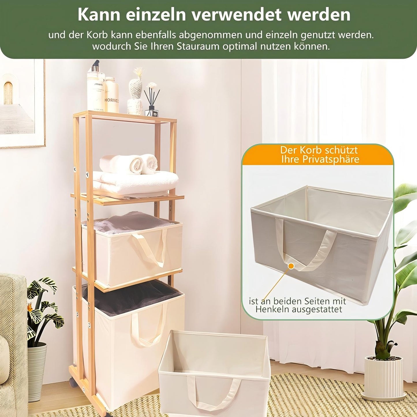 WAOHO Wäschekorb Wäschesammler aus Bambus Mit Rollen, mit 4 Ebenen, mit 3 abnehmbaren Aufbewahrungskörben 120x42x30cm