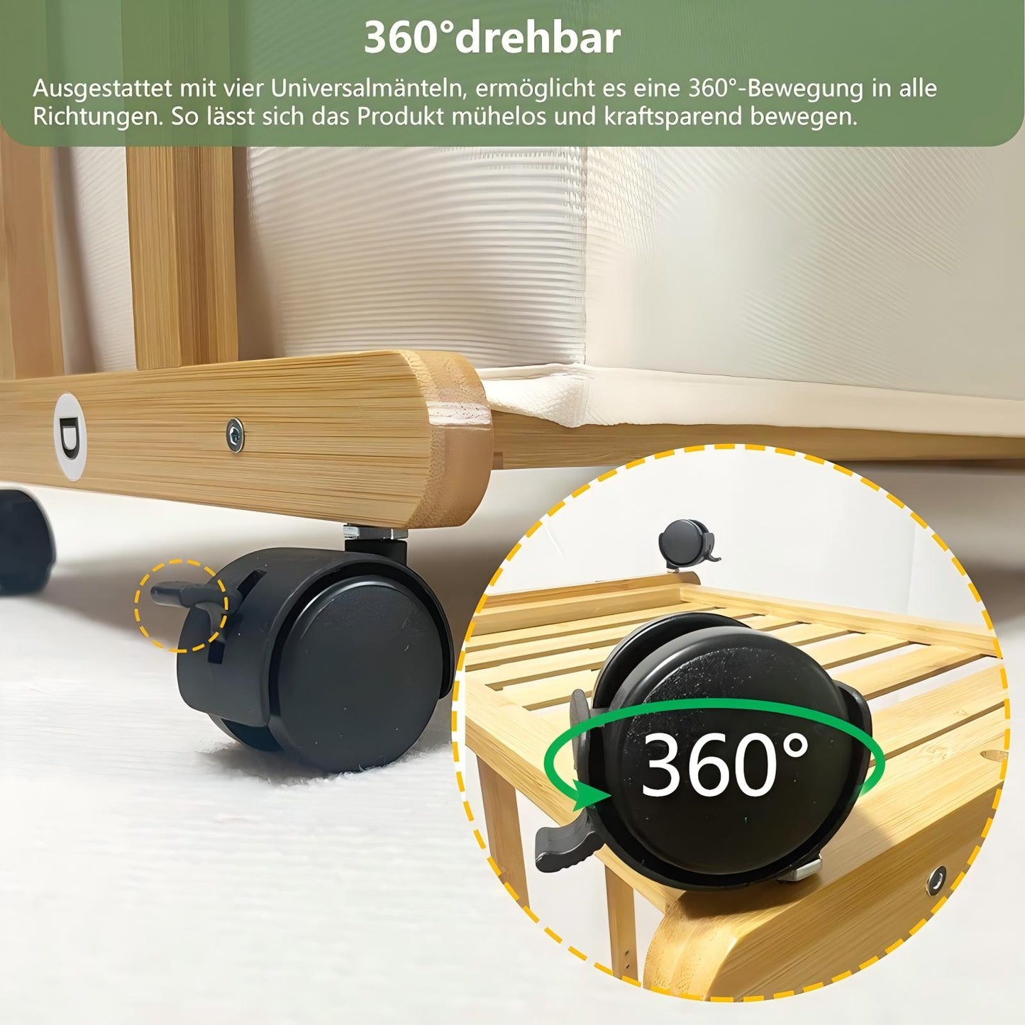 WAOHO Wäschekorb Wäschesammler aus Bambus Mit Rollen, mit 4 Ebenen, mit 3 abnehmbaren Aufbewahrungskörben 120x42x30cm