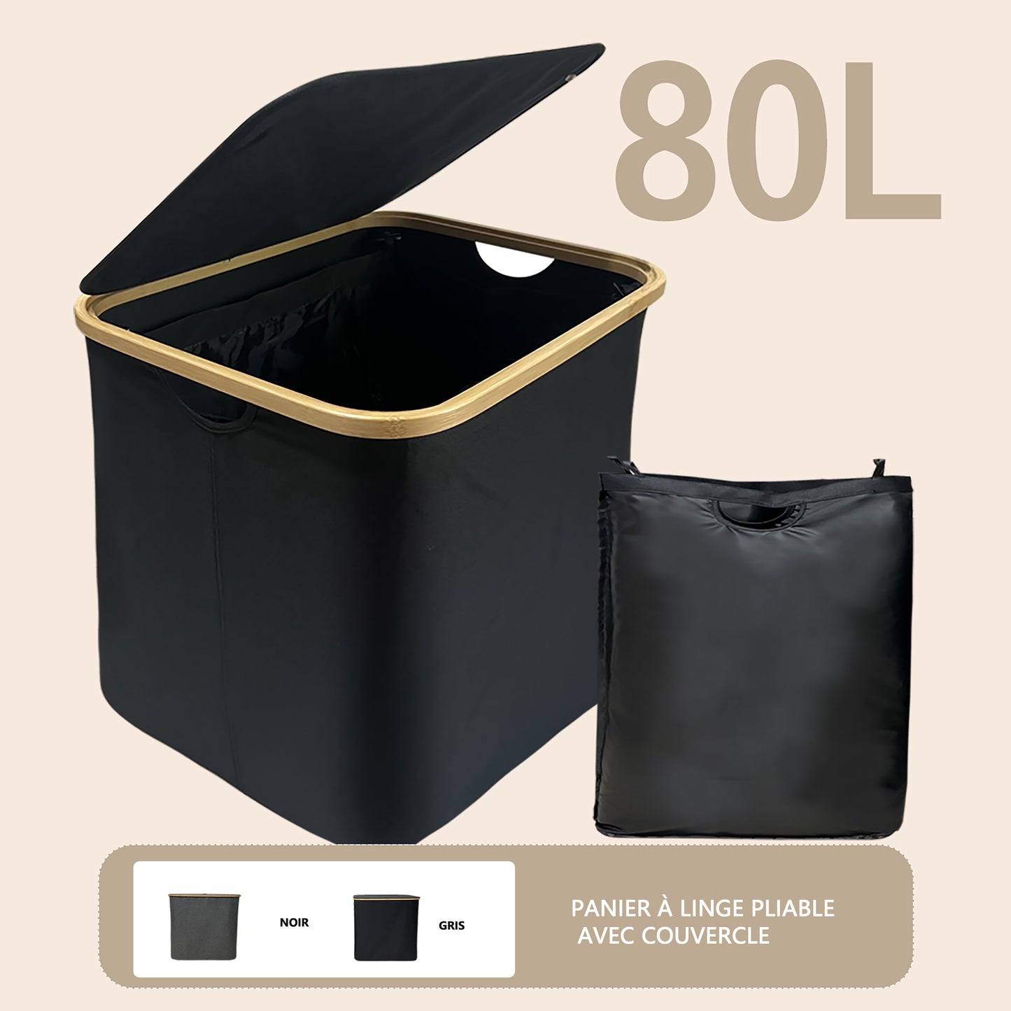 Wäschekorb Faltbarer Wäschekorb mit Deckel, herausnehmbarer Wäschesack 45x35x50 80L(Schwarz)