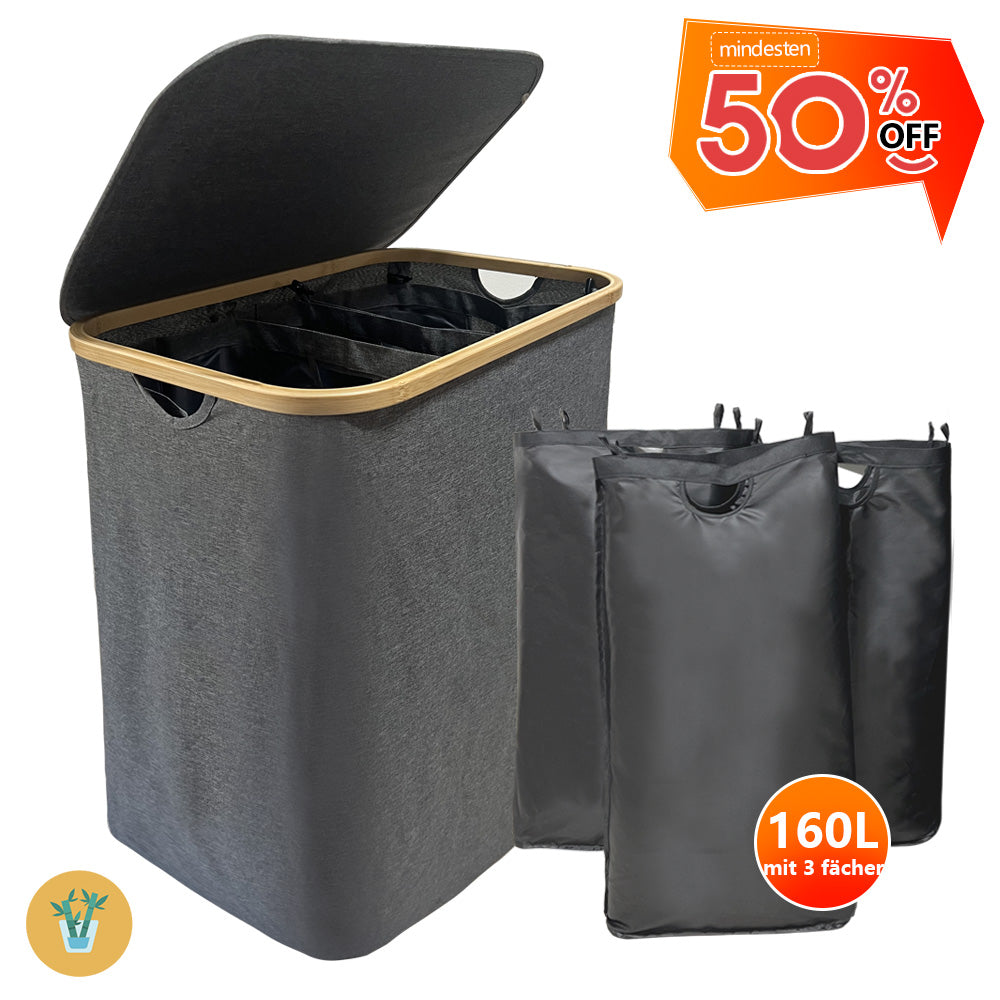 WAOHO Wäschekorb Faltbarer Wäschekorb mit Deckel, 3 Fächer, Wäschesack herausnehmbar, Zusammenklappbar 57X37X75 160L(Grau)