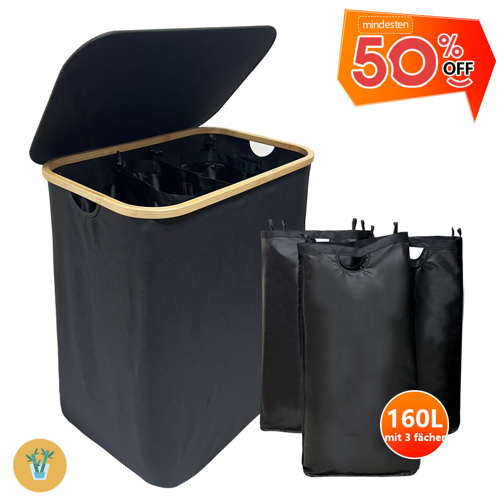 WAOHO Wäschekorb Faltbarer Wäschekorb mit Deckel, 3 Fächer, Wäschesack herausnehmbar, Zusammenklappbar 57X37X75 160L(Schwarz)