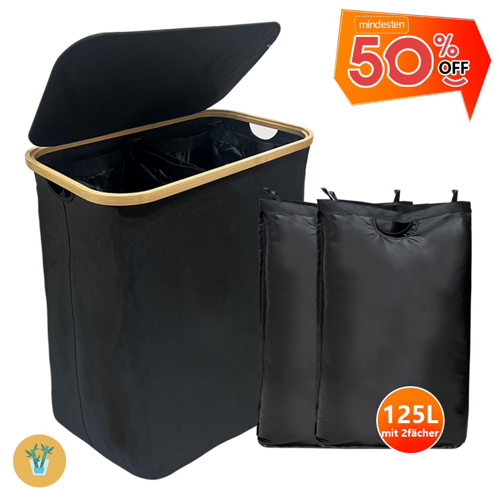 Wäschekorb Faltbarer mit Deckel, 2 Fächer, Wäschesack herausnehmbar 54x33x70 125L(Schwarz)