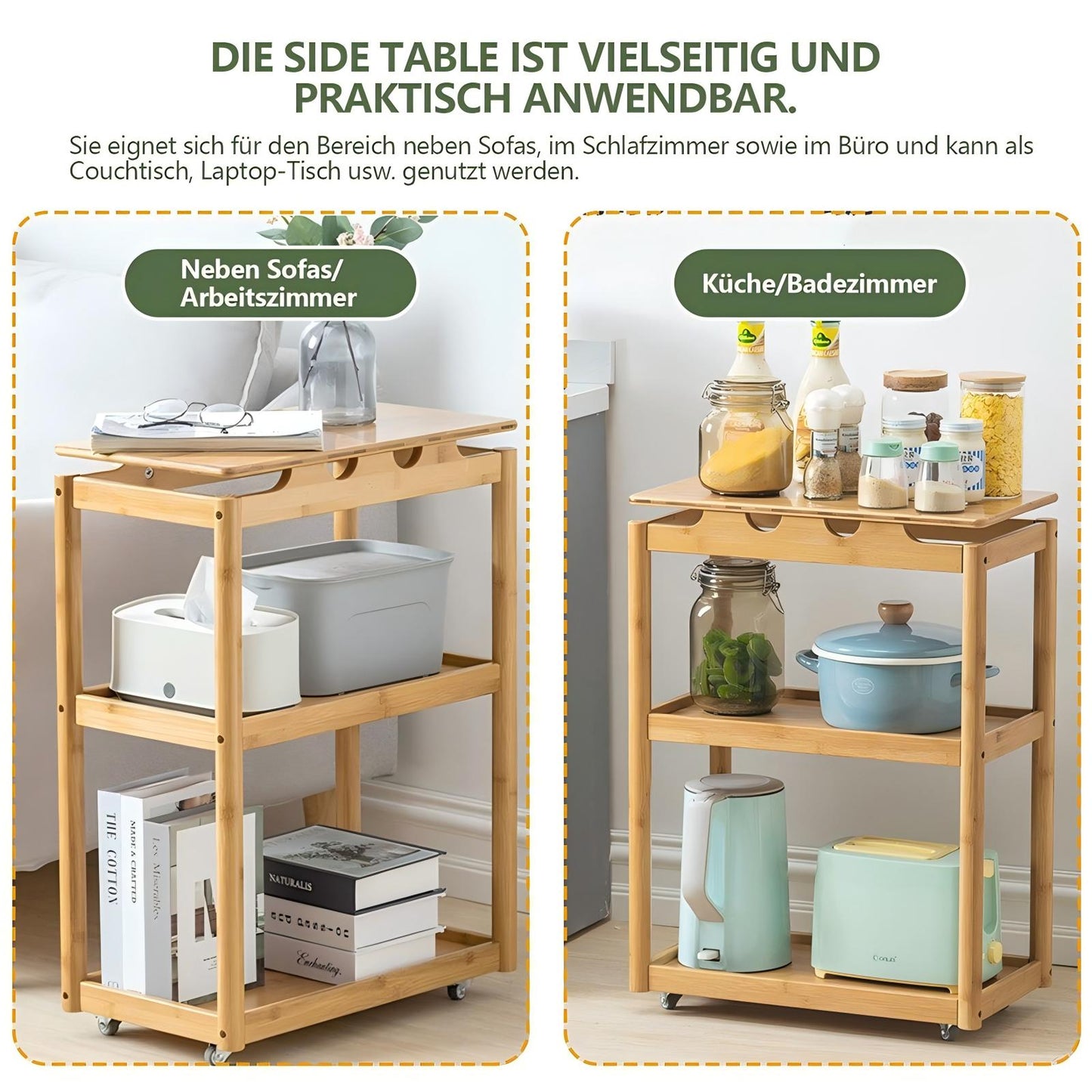 WAOHO Bambus Couchtisch, Beistelltisch, 3-lagig, fahrbar auf Rollen Sofatisch, Schlafzimmer & Büro,Kaffeetisch, Laptoptisch, einfacher Aufbau, für Wohnzimmer