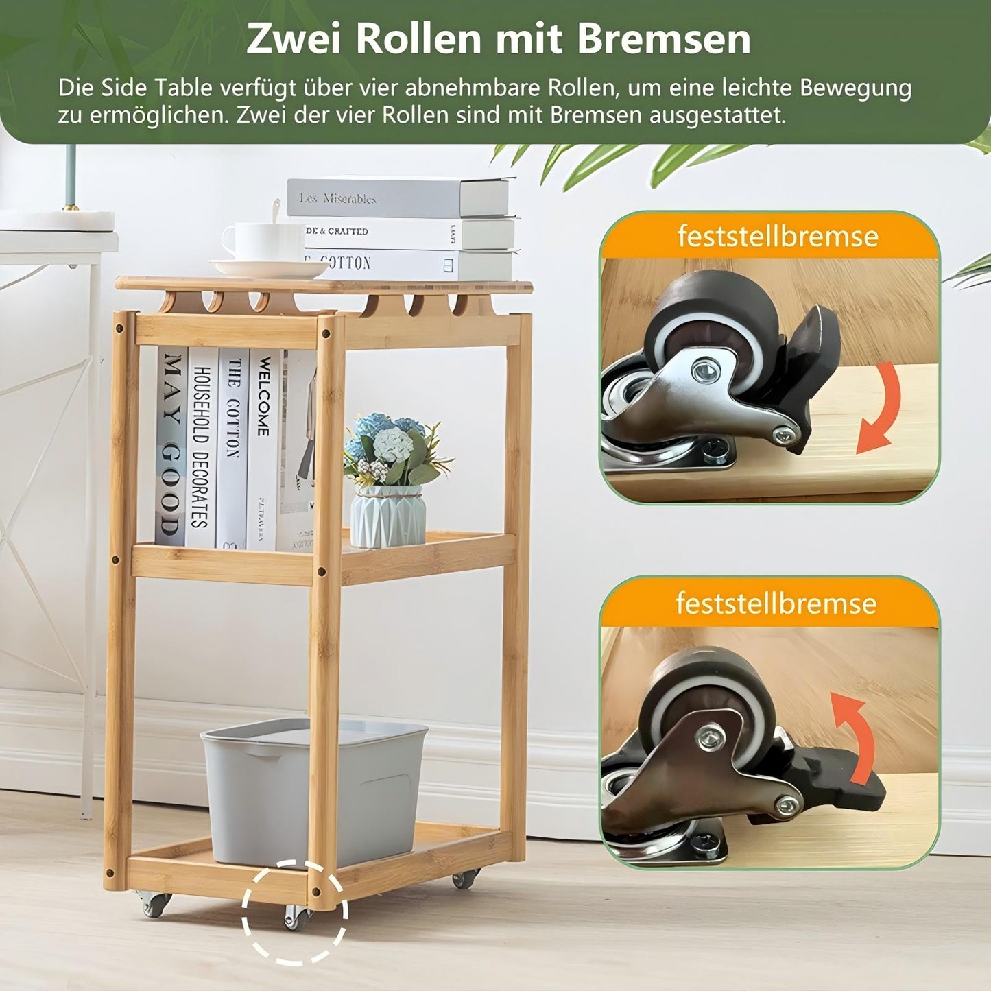 WAOHO Bambus Couchtisch, Beistelltisch, 3-lagig, fahrbar auf Rollen Sofatisch, Schlafzimmer & Büro,Kaffeetisch, Laptoptisch, einfacher Aufbau, für Wohnzimmer