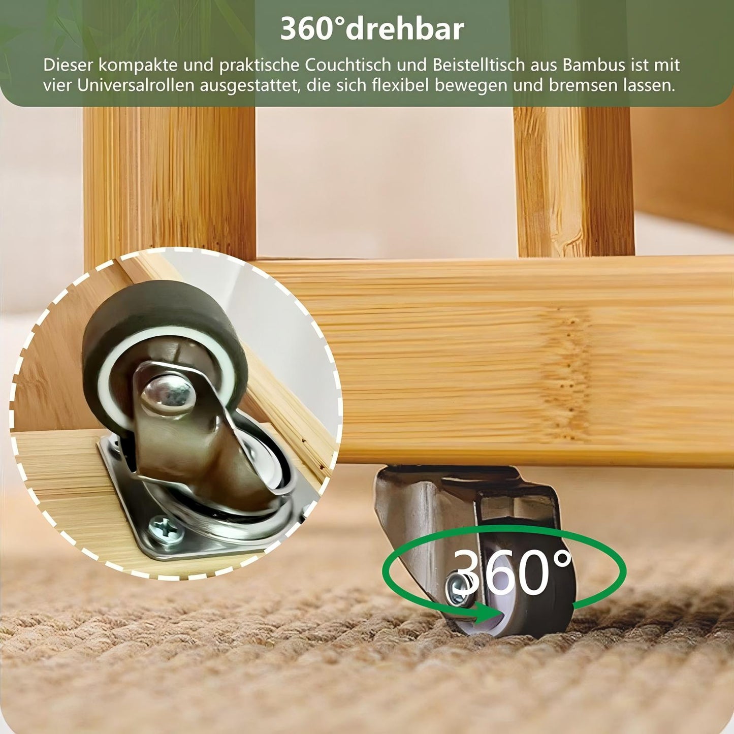 WAOHO Bambus Couchtisch, Beistelltisch, 3-lagig, fahrbar auf Rollen Sofatisch, Schlafzimmer & Büro,Kaffeetisch, Laptoptisch, einfacher Aufbau, für Wohnzimmer