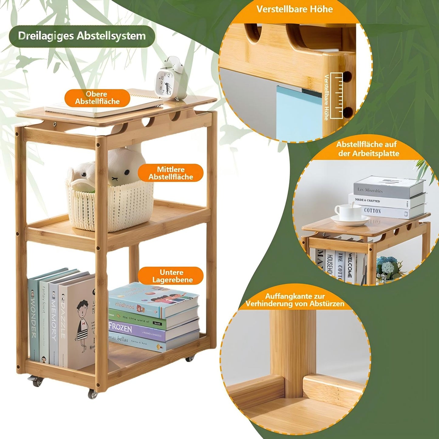 WAOHO Bambus Couchtisch, Beistelltisch, 3-lagig, fahrbar auf Rollen Sofatisch, Schlafzimmer & Büro,Kaffeetisch, Laptoptisch, einfacher Aufbau, für Wohnzimmer