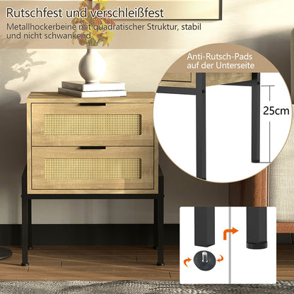 Nachttisch Rattan,Beistelltisch Wohnzimmertisch ，2 Schubladen, Nachtkommode mit Metallrahmenfür Schlafzimmer, Sofatisch,Nebentisch Kaffeetisch mit Ablagefach