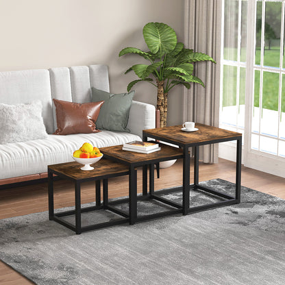 Couchtisch 3 Stücke Beistelltisch Quadrat,Couchtisch aus MDF,Satztisch mit Metallrahmen, Sofatisch, Schlafzimmer & Büro，Kaffeetisch, Laptoptisch, einfacher Aufbau, für Wohnzimmer