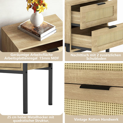 Nachttisch Rattan,Beistelltisch Wohnzimmertisch ，2 Schubladen, Nachtkommode mit Metallrahmenfür Schlafzimmer, Sofatisch,Nebentisch Kaffeetisch mit Ablagefach