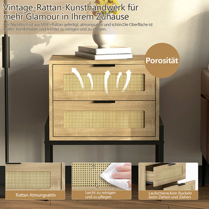 Nachttisch Rattan,Beistelltisch Wohnzimmertisch ，2 Schubladen, Nachtkommode mit Metallrahmenfür Schlafzimmer, Sofatisch,Nebentisch Kaffeetisch mit Ablagefach