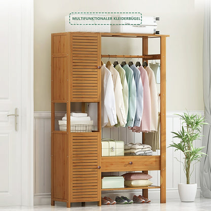 Clothes rack bamboo coat rack, with 2 cabinets, free-standing clothes rack