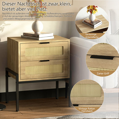 Nachttisch Rattan,Beistelltisch Wohnzimmertisch ，2 Schubladen, Nachtkommode mit Metallrahmenfür Schlafzimmer, Sofatisch,Nebentisch Kaffeetisch mit Ablagefach