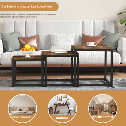 Couchtisch 3 Stücke Beistelltisch Quadrat,Couchtisch aus MDF,Satztisch mit Metallrahmen, Sofatisch, Schlafzimmer & Büro，Kaffeetisch, Laptoptisch, einfacher Aufbau, für Wohnzimmer