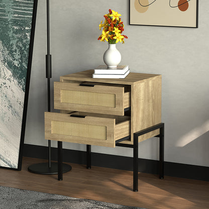 Nachttisch Rattan,Beistelltisch Wohnzimmertisch ，2 Schubladen, Nachtkommode mit Metallrahmenfür Schlafzimmer, Sofatisch,Nebentisch Kaffeetisch mit Ablagefach