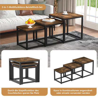 Couchtisch 3 Stücke Beistelltisch Quadrat,Couchtisch aus MDF,Satztisch mit Metallrahmen, Sofatisch, Schlafzimmer & Büro，Kaffeetisch, Laptoptisch, einfacher Aufbau, für Wohnzimmer