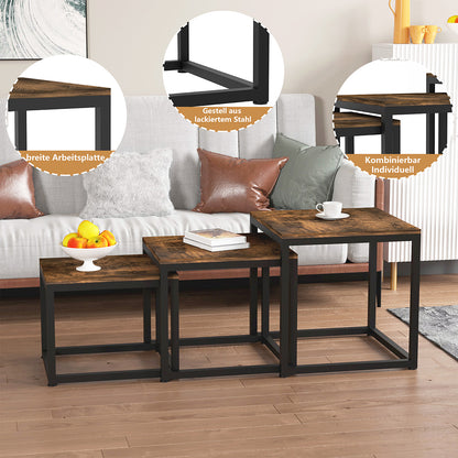 Couchtisch 3 Stücke Beistelltisch Quadrat,Couchtisch aus MDF,Satztisch mit Metallrahmen, Sofatisch, Schlafzimmer & Büro，Kaffeetisch, Laptoptisch, einfacher Aufbau, für Wohnzimmer