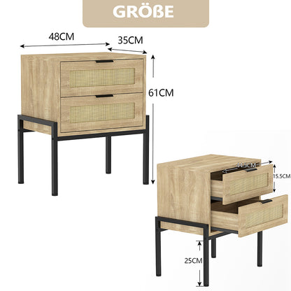 Nachttisch Rattan,Beistelltisch Wohnzimmertisch ，2 Schubladen, Nachtkommode mit Metallrahmenfür Schlafzimmer, Sofatisch,Nebentisch Kaffeetisch mit Ablagefach
