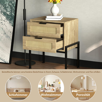 Nachttisch Rattan,Beistelltisch Wohnzimmertisch ，2 Schubladen, Nachtkommode mit Metallrahmenfür Schlafzimmer, Sofatisch,Nebentisch Kaffeetisch mit Ablagefach