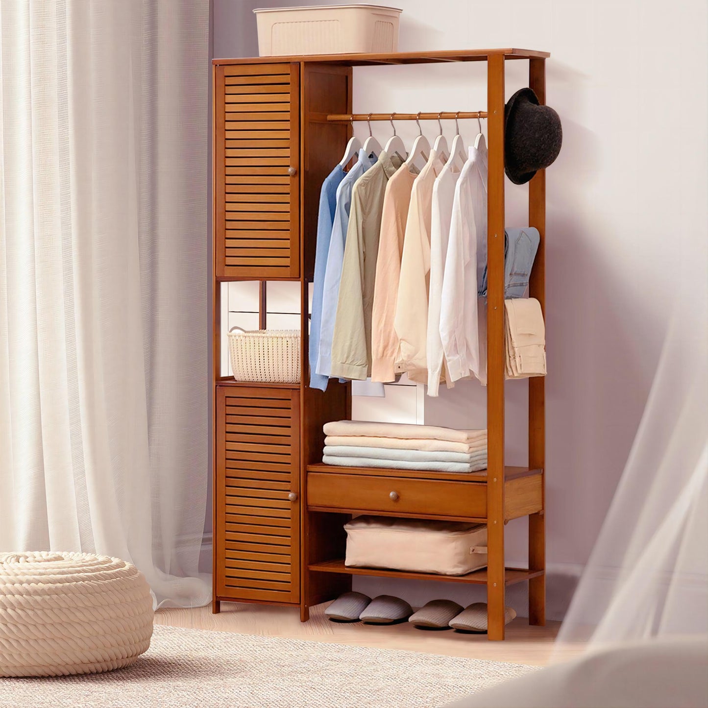 Clothes rack bamboo coat rack, with 2 cabinets, free-standing clothes rack