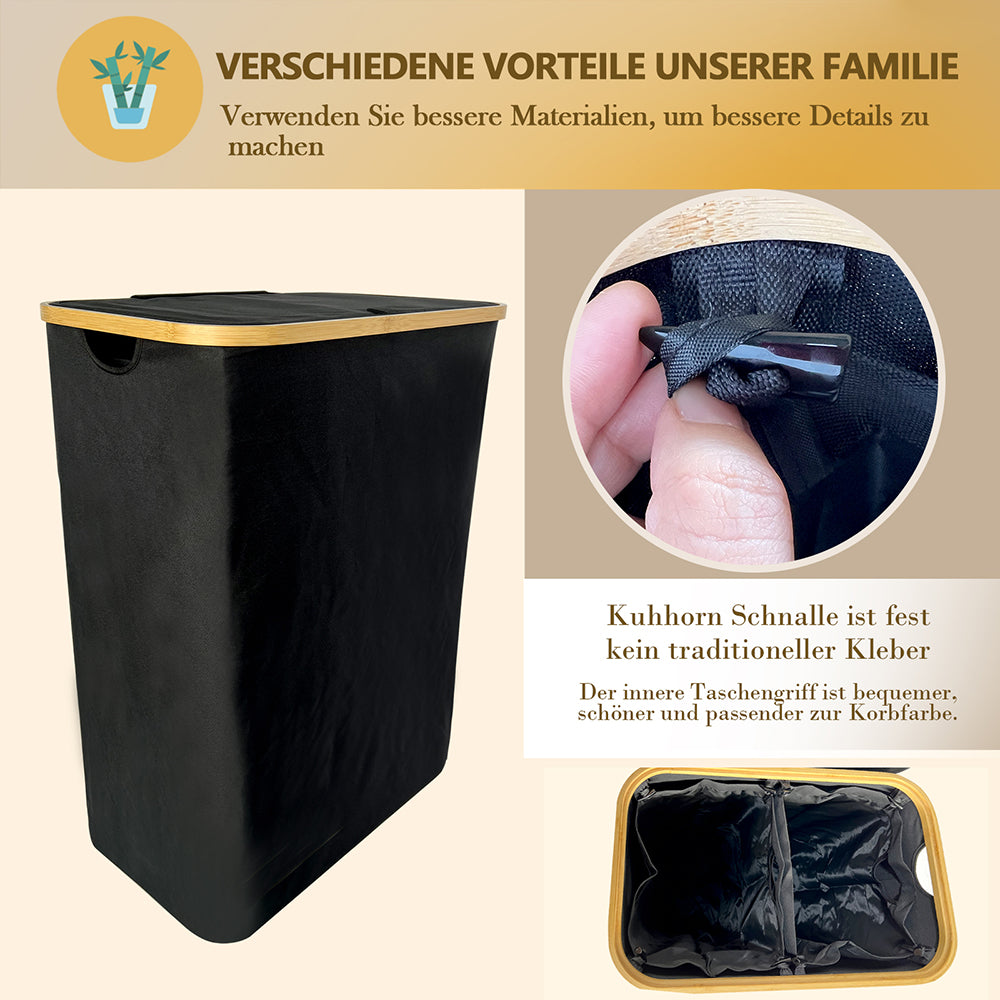 Wäschekorb Faltbarer mit Deckel, 2 Fächer, Wäschesack  herausnehmbar 54x33x70 125L(Schwarz)