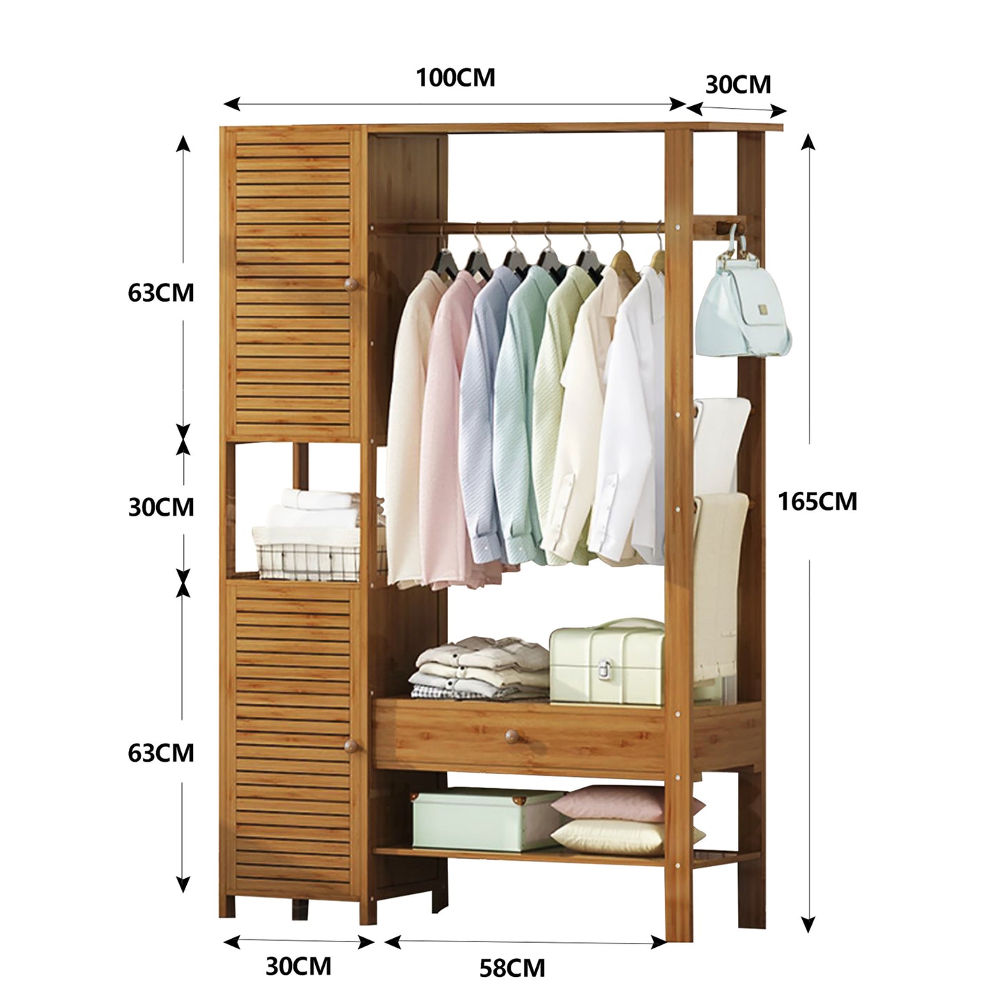 Clothes rack bamboo coat rack, with 2 cabinets, free-standing clothes rack