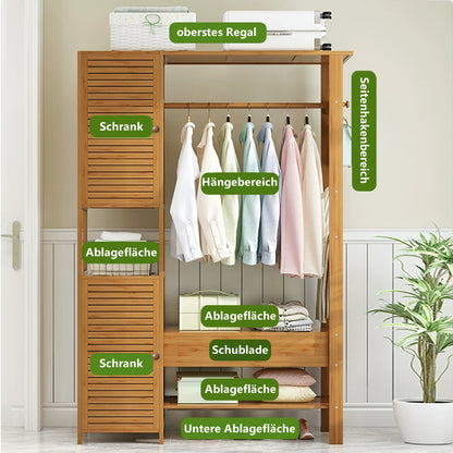 Clothes rack bamboo coat rack, with 2 cabinets, free-standing clothes rack