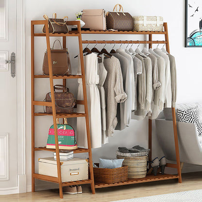 Bamboo coat rack, multifunctional clothes rack, with 7 shelves and 1 clothes rail