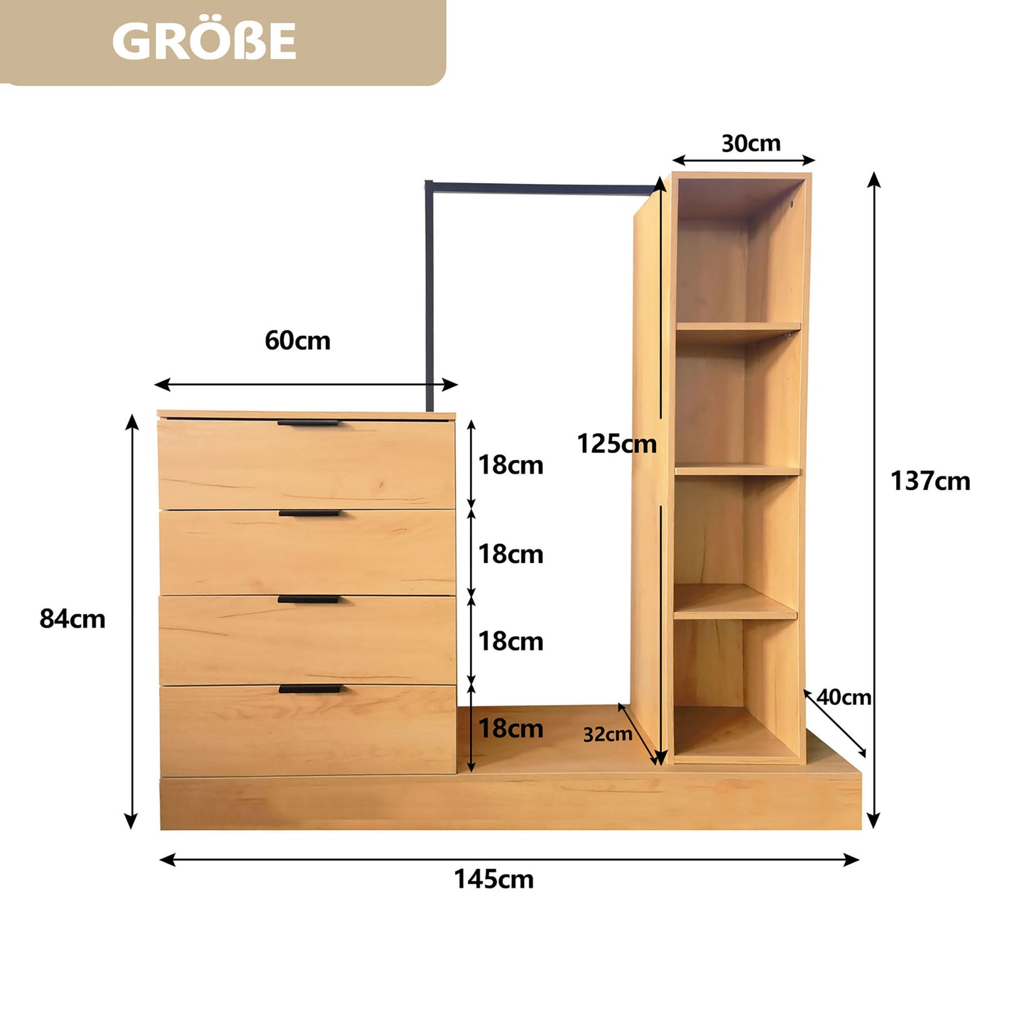 WAOHO Garderoben-Set Schubladenkommode mit Kleiderstange, Garderobenständer, 145*137*40