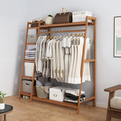 Bamboo coat rack, multifunctional clothes rack, with 7 shelves and 1 clothes rail