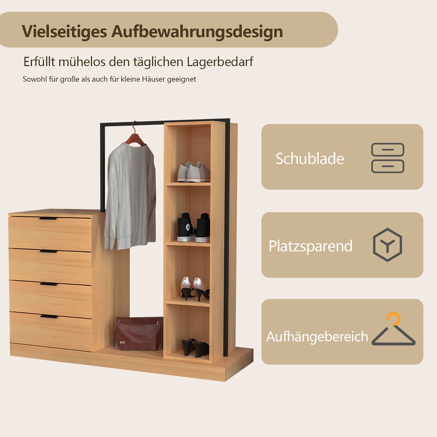 WAOHO Garderoben-Set Schubladenkommode mit Kleiderstange, Garderobenständer, 145*137*40