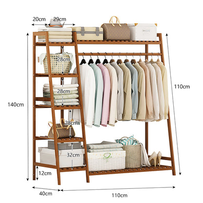 Bamboo coat rack, multifunctional clothes rack, with 7 shelves and 1 clothes rail