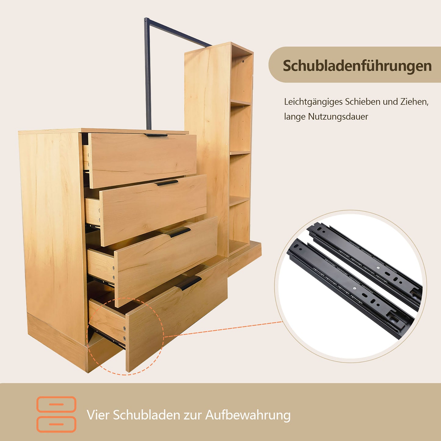 WAOHO Garderoben-Set Schubladenkommode mit Kleiderstange, Garderobenständer, 145*137*40