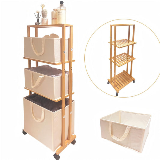 WAOHO  Wäschekorb Wäschesammler aus Bambus Mit Rollen, mit 4 Ebenen, mit 3 abnehmbaren Aufbewahrungskörben  120x42x30cm
