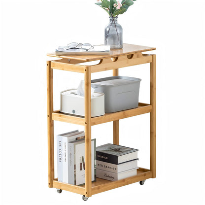 WAOHO  Bambus Couchtisch, Beistelltisch, 3-lagig, fahrbar auf Rollen Sofatisch, Schlafzimmer & Büro，Kaffeetisch, Laptoptisch, einfacher Aufbau, für Wohnzimmer
