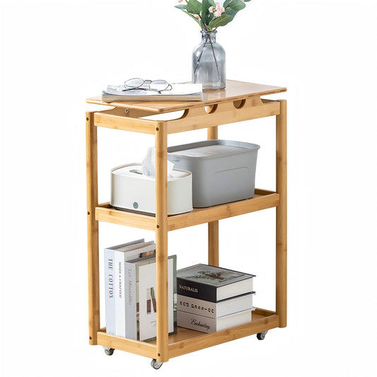 WAOHO  Bambus Couchtisch, Beistelltisch, 3-lagig, fahrbar auf Rollen Sofatisch, Schlafzimmer & Büro，Kaffeetisch, Laptoptisch, einfacher Aufbau, für Wohnzimmer