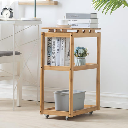 WAOHO  Bambus Couchtisch, Beistelltisch, 3-lagig, fahrbar auf Rollen Sofatisch, Schlafzimmer & Büro，Kaffeetisch, Laptoptisch, einfacher Aufbau, für Wohnzimmer