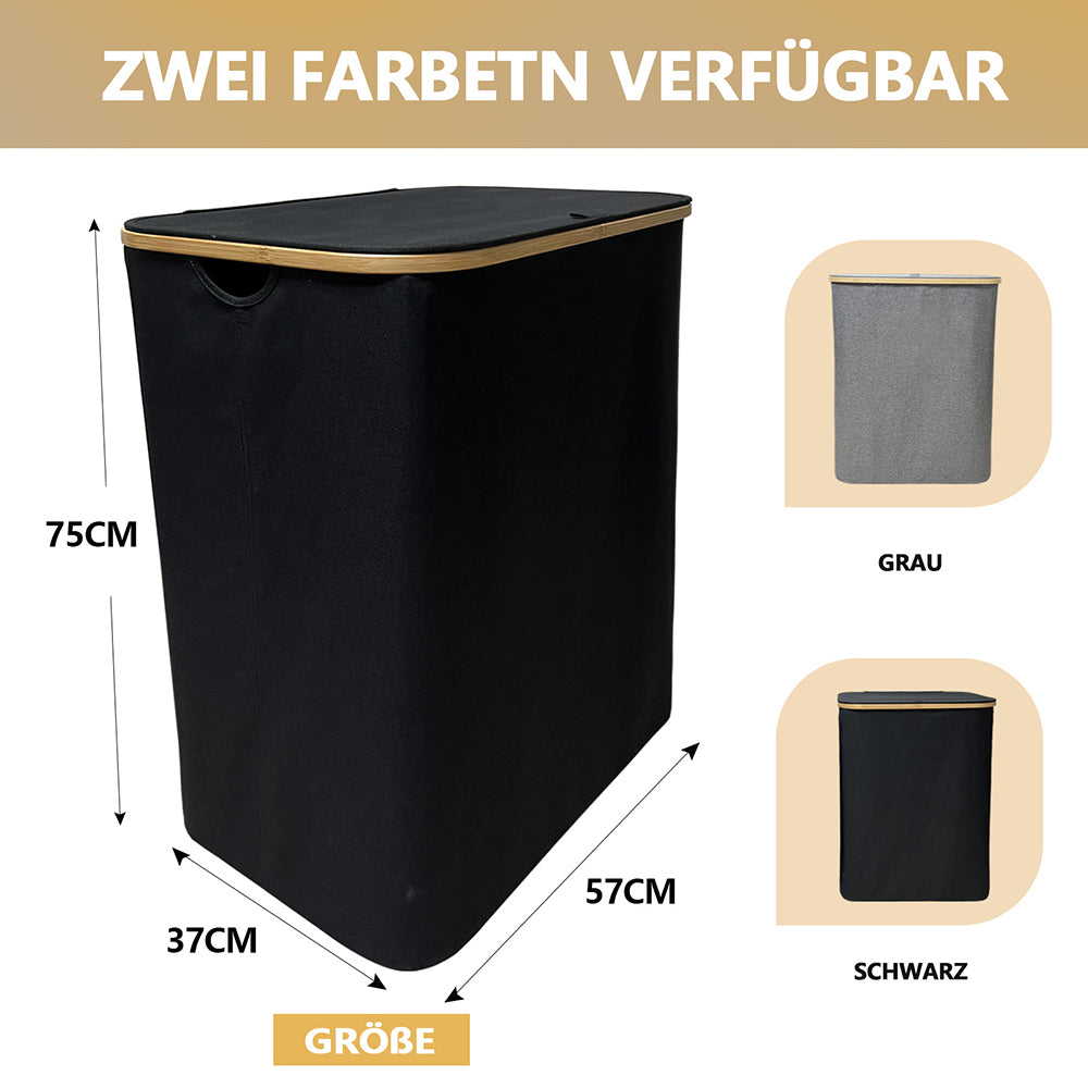 WAOHO Wäschekorb Faltbarer Wäschekorb mit Deckel, 3 Fächer, Wäschesack herausnehmbar, Zusammenklappbar 57X37X75  160L（Schwarz）